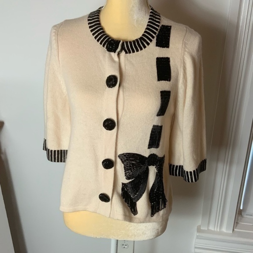 Nanette Lepore Ivory and Black Cardigan Sweater with Bead Detail